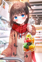 Rule 34 | 1girl, bag, bell pepper, blue eyes, blurry, blurry background, blush, brown hair, brown jacket, closed mouth, food, holding, holding bag, indoors, jacket, long sleeves, looking at viewer, medium hair, necktie, original, pepper, pout, rangu, red necktie, red scarf, scarf, school uniform, shelf, shop, side ponytail, solo, supermarket, sweater, uniform