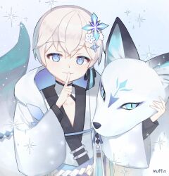 Rule 34 | 1boy, blue background, blue eyes, blush, character request, closed mouth, coat, copyright request, fox, hair ornament, index finger raised, japanese clothes, kimono, long sleeves, love mintchoco, male focus, simple background, smile, snowflake hair ornament, solo, sparkle, upper body, white coat, white hair, white kimono