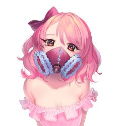 Rule 34 | 1girl, absurdres, bad id, bad pixiv id, brown eyes, eyelashes, flower, gas mask, heart, heart-shaped pupils, highres, hyoin, looking at viewer, mask, off shoulder, pink hair, respirator, short hair, solo, symbol-shaped pupils, tears, upper body