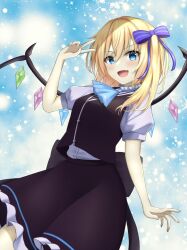 Rule 34 | &gt;:), 1girl, alternate color, alternate eye color, bat wings, black dress, blonde hair, blue bow, blue eyes, blue neckerchief, blush, bow, breasts, commentary request, crystal, dress, eyelashes, fang, flandre scarlet, hair between eyes, hair bow, hand up, highres, light blue background, long hair, looking at viewer, multicolored wings, neckerchief, open mouth, pinstripe bow, puffy sleeves, rainbow order, shirt, side ponytail, sidelocks, slit pupils, small breasts, smile, solo, sparkle, szl, touhou, v-shaped eyebrows, v over eye, vampire, white shirt, wings