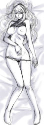 Rule 34 | 1girl, barefoot, bed, breasts, breasts apart, clothes lift, clothes pull, crop top, dakimakura (medium), from above, full body, greyscale, groin, hair between eyes, hair spread out, hand on own stomach, high ponytail, large breasts, legs, long hair, looking at viewer, lying, metroid, michael f91, monochrome, nintendo, nipples, no bra, no panties, nude, on back, panties, panty pull, parted lips, ponytail, samus aran, scrunchie, shirt lift, short shorts, shorts, shorts pull, sidelocks, sketch, sleeveless, sleeveless turtleneck, solo, super metroid, thigh gap, turtleneck, underwear