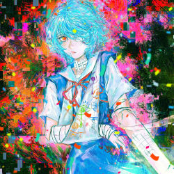 Rule 34 | 1girl, abstract background, arm sling, atzanka123, ayanami rei, bad id, bad pixiv id, bandage on neck, bandages, blue hair, confetti, dress, evangelion: 3.0+1.0 thrice upon a time, eyepatch, glitch, highres, looking at viewer, neon genesis evangelion, pinafore dress, rebuild of evangelion, red eyes, short hair, sleeveless dress, solo, upper body