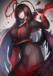 Rule 34 | 1girl, absurdres, ahoge, asymmetrical wings, black hair, black nails, black sailor collar, black serafuku, black skirt, black wings, blood, blood halo, blue archive, breasts, dark halo, evil grin, evil smile, feathered wings, grin, gun, halo, highres, holding, holding gun, holding weapon, huge filesize, large breasts, liquid halo, long hair, long sleeves, looking at viewer, low wings, mismatched wings, nail polish, neckerchief, ohako (ohako1818), red eyes, red halo, red neckwear, sailor collar, school uniform, serafuku, shotgun, skirt, smile, solo, tsurugi (blue archive), undone neckerchief, weapon, white wings, wings