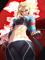 Rule 34 | 1girl, abs, blonde hair, cammy white, clenched hand, cropped jacket, facial scar, fingerless gloves, gloves, jacket, midriff, navel, pants, scar, scar on cheek, scar on face, short hair, solo, street fighter, street fighter 6, yoga pants, yotastar