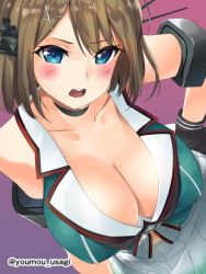 Rule 34 | 10s, 1girl, black gloves, blue eyes, blush, breasts, brown hair, choker, cleavage, collarbone, gloves, gradient background, hair ornament, hairclip, hand on own hip, headgear, kantai collection, large breasts, leaning forward, maya (kancolle), maya kai ni (kancolle), midriff, open mouth, pleated skirt, purple background, rigging, short hair, skirt, solo, twitter username, white skirt, youmou usagi
