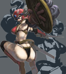Rule 34 | 1girl, armor, ass, boots, breasts, chunsoft, dragon quest, dragon quest iii, elbow gloves, enix, gloves, helmet, large breasts, long hair, oono tsutomu, purple hair, shield, sideboob, soldier (dq3), solo, sword, weapon, zoom layer