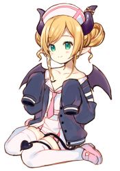 Rule 34 | 1girl, age regression, aged down, black jacket, black wings, blonde hair, blush, closed mouth, collarbone, collared shirt, curled horns, demon girl, demon horns, demon tail, demon wings, double bun, full body, green eyes, hair bun, hair ribbon, hat, heart, hololive, horns, jacket, loafers, long hair, long sleeves, looking away, meito (maze), necktie, nurse cap, off shoulder, open clothes, open jacket, pink footwear, pink necktie, pleated skirt, pointy ears, ribbon, shirt, shoes, sidelocks, simple background, sitting, skirt, sleeves past fingers, sleeves past wrists, smile, solo, swept bangs, tail, tail wrap, thighhighs, virtual youtuber, wariza, white background, white hat, white ribbon, white shirt, white skirt, white thighhighs, wings, yuzuki choco, yuzuki choco (nurse)