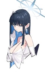 Rule 34 | 1girl, black hair, blue archive, blue eyes, blue hair, blue halo, breasts, cleavage, colored inner hair, dress, earrings, elbow gloves, gloves, hair ornament, halo, highres, jewelry, large breasts, long hair, multicolored hair, official alternate costume, open mouth, saori (blue archive), saori (dress) (blue archive), scarlet23i0, simple background, solo, strapless, strapless dress, upper body, white background, white dress, white gloves