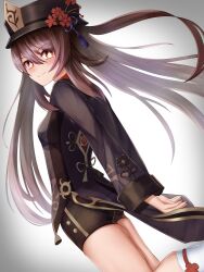Rule 34 | 1girl, absurdres, artist request, ass, black nails, black shorts, blush, breasts, brown hair, chinese clothes, coattails, from side, genshin impact, hat, hat ornament, highres, hu tao (genshin impact), long hair, looking at viewer, medium breasts, red eyes, short shorts, shorts, sideboob, smile, solo, twintails, very long hair