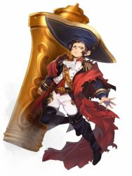 Rule 34 | 1boy, aged down, alternate design, blue eyes, boots, brown hair, cape, child, em crazy, epaulettes, facial hair, fate/grand order, fate (series), holding, holding weapon, huge weapon, large hat, long sideburns, long sleeves, looking at viewer, male focus, military, military uniform, napoleon bonaparte (fate), pants, sideburns, simple background, solo, uniform, weapon