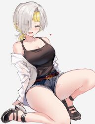 Rule 34 | 1girl, blonde hair, breasts, grey eyes, grey hair, highres, kromer (project moon), large breasts, limbus company, looking at viewer, medium hair, migishita, mole, mole on thigh, multicolored hair, project moon, simple background, thighs, two-tone hair, white background