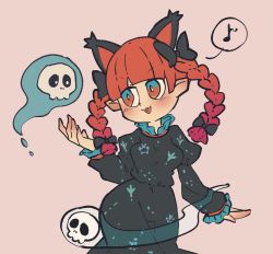 Rule 34 | 1girl, :3, :d, animal ears, black bow, blunt bangs, bow, braid, cat ears, chibi, contrapposto, dress, eighth note, extra ears, green dress, hair bow, heart, highres, hitodama, kaenbyou rin, long sleeves, looking to the side, multiple tails, musical note, open mouth, red eyes, red hair, simple background, skull, smile, solo, speech bubble, spoken musical note, tail, touhou, twin braids, umimeshi 7, v-shaped eyebrows