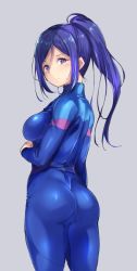 Rule 34 | 10s, 1girl, alp, ass, bodysuit, breasts, diving suit, grey background, looking at viewer, looking back, love live!, love live! school idol festival, love live! sunshine!!, matsuura kanan, purple eyes, purple hair, simple background, skin tight, solo, thighs, wetsuit
