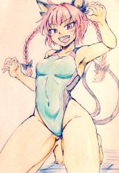 Rule 34 | 1girl, animal ears, bare legs, barefoot, braid, breasts, cat ears, cat tail, claw pose, colorized, competition swimsuit, covered navel, d-m (dii emu), extra ears, eyelashes, fang, green one-piece swimsuit, kaenbyou rin, kneeling, long hair, looking at viewer, nekomata, one-piece swimsuit, open mouth, red eyes, red hair, small breasts, swimsuit, tail, toes, touhou, traditional media, twin braids