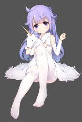 Rule 34 | 1girl, absurdres, ahoge, azur lane, black bow, black ribbon, blush, bow, closed mouth, detached sleeves, dress, grey background, hair bun, hair ribbon, halterneck, head tilt, highres, little egg, long hair, long sleeves, looking at viewer, no shoes, hugging object, one side up, pantyhose, purple eyes, purple hair, ribbon, side bun, simple background, single detached sleeve, single hair bun, single side bun, sitting, solo, stuffed animal, stuffed pegasus, stuffed toy, stuffed unicorn, stuffed winged unicorn, unicorn (azur lane), very long hair, white dress, white pantyhose