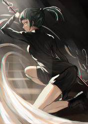 Rule 34 | 1girl, absurdres, black footwear, black shirt, black shorts, breasts, fighting stance, from side, full body, green hair, highres, holding, holding polearm, holding weapon, jujutsu kaisen, long sleeves, looking to the side, polearm, profile, riogu7t, shirt, shoes, short ponytail, shorts, sidelocks, solo, squatting, weapon, yellow eyes, zenin maki