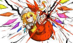 Rule 34 | 1girl, :d, ascot, bad id, bad pixiv id, blonde hair, clenched teeth, crazy eyes, energy, fingernails, flandre scarlet, grin, hat, hat ribbon, kankan33333, long fingernails, looking at viewer, mob cap, nail polish, open mouth, red eyes, red footwear, red nails, red skirt, red vest, ribbon, sharp fingernails, sharp teeth, shirt, shoes, short hair, short sleeves, side ponytail, simple background, skirt, skirt set, smile, solo, teeth, touhou, vest, white background, white shirt, wings