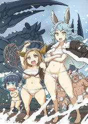 Rule 34 | 3girls, :d, animal ears, blunt bangs, boat, bound, breasts, cameltoe, character request, covering privates, covering breasts, crab, crossed arms, erune, ferry (granblue fantasy), giant, giant monster, granblue fantasy, green eyes, hair bun, headband, heterochromia, horns, large breasts, monster, multiple girls, navel, net, no nose, open mouth, purple eyes, rabbit ears, red eyes, robe, sarashi, single hair bun, smile, underboob, water, watercraft, waves, yuugiri (u-slash)