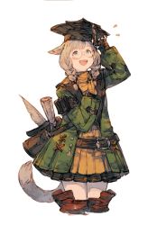 Rule 34 | :d, ^^^, animal ears, ascot, bag, belt, black gloves, black skirt, braid, brown eyes, brown hair, cat ears, cat tail, coat, commentary request, cowboy shot, cropped legs, final fantasy, final fantasy xiv, fingerless gloves, glasses, gloves, green coat, hand on headwear, hat, highres, junwool, long hair, long sleeves, looking up, miqo&#039;te, mortarboard, open clothes, open coat, open mouth, pleated skirt, round eyewear, scroll, simple background, skirt, slit pupils, smile, solo, standing, tail, twin braids, warrior of light (ff14), white background