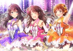 Rule 34 | 10s, 3girls, bow, brown eyes, brown hair, dress, earrings, elbow gloves, closed eyes, flower, gloves, green eyes, hair bow, hair flower, hair ornament, holding hands, highres, honda mio, idolmaster, idolmaster cinderella girls, idolmaster cinderella girls starlight stage, jewelry, lace, lace-trimmed dress, lace trim, long hair, multiple girls, new generations, open mouth, serino itsuki, shibuya rin, shimamura uzuki, short hair, star (symbol), star earrings, tears, thighhighs