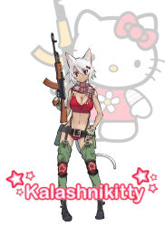 Rule 34 | 1girl, ak-74, animal ears, assault rifle, belt, breasts, brown eyes, cat ears, cat tail, chaps, cleavage, gloves, gun, hello kitty, hello kitty (character), highres, hk33, kalashnikov rifle, large breasts, personification, rifle, sanrio, scarf, smile, solo, tail, thighhighs, weapon, white hair