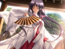 Rule 34 | 1girl, black hair, brown eyes, closed mouth, hand fan, female focus, game cg, japanese clothes, kasuga iori, koku, long hair, long sleeves, mirai nostalgia, sleeves past wrists, solo, straight hair, traditional clothes