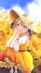 1girl azusawa_kohane belt blurry blush brown_eyes brown_hair day dress fi_glow flower frilled_dress frills hair_ribbon hands_on_own_cheeks hands_on_own_face hat highres jewelry looking_at_viewer outdoors project_sekai ribbon shirt short_sleeves sky smile solo squatting straw_hat sun_hat sunflower twintails white_shirt yellow_dress yellow_eyes yellow_flower