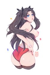 Rule 34 | 1girl, absurdres, adjusting clothes, adjusting panties, armpits, ass, back, black hair, blue eyes, breasts, fate/stay night, fate (series), hair ribbon, highres, long hair, medium breasts, mr mlemkins, nipples, open mouth, panties, red panties, ribbon, solo, thighhighs, thighs, tohsaka rin, tongue, tongue out, topless, twintails, underwear, underwear only, wedgie