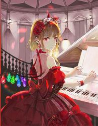 Rule 34 | 1girl, alternate costume, alternate headwear, back bow, backlighting, blonde hair, bow, closed mouth, commentary request, cowboy shot, crystal, detached sleeves, dress, earrings, ef (ppps33), flandre scarlet, flower, frilled sleeves, frills, from behind, gem, hair flower, hair ornament, hairband, indoors, instrument, jewelry, lace, lolita hairband, looking at viewer, looking back, nail polish, one side up, piano, puffy detached sleeves, puffy short sleeves, puffy sleeves, red bow, red dress, red eyes, red flower, red nails, red rose, rose, see-through, short hair, short hair with long locks, short sleeves, smile, solo, touhou, wings, wrist cuffs