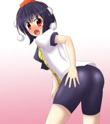 Rule 34 | 1girl, ass, bent over, bike shorts, black hair, blush, fang, female focus, hat, leaning, leaning forward, looking at viewer, open mouth, red eyes, shameimaru aya, solo, teoi (good chaos), tokin hat, touhou