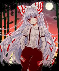 Rule 34 | 1girl, bamboo, bamboo forest, blunt bangs, blush, bow, breasts, closed mouth, cloud, cloudy sky, collared shirt, commentary, cowboy shot, crossed legs, dusk, forest, fujiwara no mokou, full moon, grey shirt, hair bow, hair ribbon, hand in pocket, large bow, long hair, long sleeves, looking at viewer, medium breasts, moon, nature, night, night sky, okawa friend, orange sky, outdoors, pants, puffy long sleeves, puffy sleeves, red eyes, red pants, ribbon, shirt, silver hair, sky, smile, solo, straight hair, suspenders, touhou, tress ribbon, very long hair, watson cross, white bow, white ribbon, wing collar
