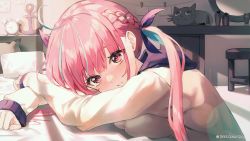 Rule 34 | 1girl, ahoge, alarm clock, anchor symbol, arm pillow, bed, blue hair, blue ribbon, blush, breast press, breasts, clock, closed mouth, from side, hair ribbon, highres, hololive, hood, hood down, hoodie, indoors, large breasts, long sleeves, looking at viewer, looking to the side, minato aqua, multicolored hair, myung yi, neko (minato aqua), official art, pink eyes, pink hair, ribbon, solo, streaked hair, upper body, virtual youtuber, white hoodie