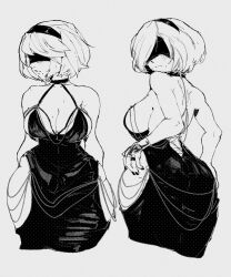 Rule 34 | 1girl, 2b (nier:automata), backless dress, backless outfit, black dress, blindfold, dress, guidelli, highres, multiple views, nier:automata, nier (series), short hair