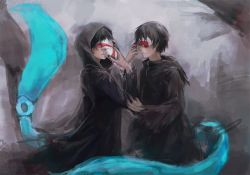 Rule 34 | 2boys, bin brothers (tokyo ghoul), black cloak, black hair, black nails, brothers, brown hair, cloak, gradient background, grey background, hand up, holding, holding mask, hood, hooded cloak, kagune (tokyo ghoul), long sleeves, looking at another, looking at viewer, mask, multiple boys, nail polish, red eyes, short hair, siblings, straw like, tokyo ghoul, torn cloak, torn clothes