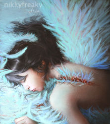Rule 34 | 1girl, angel, angel wings, bad id, bad pixiv id, black hair, blood, eyelashes, closed eyes, feathers, injury, light particles, lips, long hair, lying, nicole jimenez, nude, on stomach, original, realistic, signature, single wing, solo, upper body, white feathers, white wings, wings