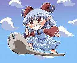 Rule 34 | 1girl, barefoot, blue dress, blush, clenched hands, cloud, dress, earrings, full body, grey hair, grin, horizontal pupils, horn ornament, horn ribbon, horns, jewelry, meandros, pointy ears, red eyes, red horns, red sleeves, ribbon, rokugou daisuke, sharp teeth, sheep horns, short hair, signature, sky, sky surfing, smile, solo, spork, teeth, touhou, toutetsu yuuma, wide sleeves