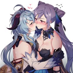 Rule 34 | 2girls, ahoge, bare shoulders, black bodysuit, black dress, blue dress, blue hair, blush, bodystocking, bodysuit, breasts, cleavage, cone hair bun, curled horns, detached sleeves, double bun, dress, ganyu (genshin impact), genshin impact, gloves, goat horns, hair bun, hair ears, heart, holding person, horns, keqing (genshin impact), keqing (opulent splendor) (genshin impact), large breasts, looking at another, low ponytail, multicolored clothes, multicolored dress, multiple girls, negom, official alternate costume, official alternate hairstyle, pink eyes, purple hair, strapless, strapless dress, sweat, two-tone dress, white background, white sleeves, yuri
