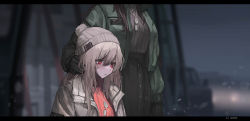 Rule 34 | 2girls, blonde hair, blurry, blurry background, brown hair, coat, cold, daria (haguruma c), dog tags, haguruma c, hand on another&#039;s shoulder, head out of frame, highres, knit hat, letterboxed, long hair, multiple girls, night, original, red eyes, ribbed sweater, sad, sweater, viveka (haguruma c), winter clothes, winter coat
