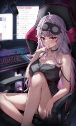 Rule 34 | 1girl, babydoll, bare arms, bare shoulders, black babydoll, black mask, blunt bangs, breasts, chair, chat log, cleavage, collarbone, computer, computer tower, drooling, gaming chair, highres, hololive, hololive english, indoors, keyboard (computer), knee up, large breasts, legs, long hair, looking at viewer, mask, mask on head, messy hair, microphone, monitor, mori calliope, mouse (computer), multiple monitors, official alternate costume, open mouth, pink eyes, pink hair, shuvi (shuvi1125), sleep mask, solo, strap slip, swivel chair, thighs, virtual youtuber