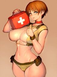 Rule 34 | 1girl, alternate costume, breasts, brown hair, choker, commentary, covered erect nipples, first aid kit, fumio (rsqkr), green eyes, hair over one eye, highres, holding, large breasts, looking at viewer, open mouth, rebecca chambers, resident evil, shirt, short hair, short sleeves, signature, simple background, solo, thick thighs, thighs, thumbs up, uniform, wide hips