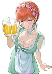 Rule 34 | 1girl, absurdres, alcohol, apron, artist name, beer, blunt bangs, blush, braid, breasts, byeon dha, cleavage, cup, dress, drinking glass, earrings, feather earrings, feathers, flower, foam, german clothes, green dress, grin, hair flower, hair ornament, hairband, highres, holding, holding cup, hololive, hololive english, jewelry, large breasts, looking at viewer, neck garter, official alternate costume, official alternate hairstyle, orange hair, pink eyes, short sleeves, simple background, smile, takanashi kiara, takanashi kiara (dirndl), virtual youtuber, white background