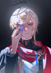 Rule 34 | 1boy, absurdres, arknights, black shirt, blue eyes, blue flower, closed mouth, commentary request, executor (arknights), executor the ex foedere (arknights), eyebrows hidden by hair, flower, flower over eye, grey hair, hair between eyes, halo, hand up, head tilt, highres, long sleeves, looking at viewer, male focus, shirt, solo, thewintermarket, upper body