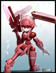 Rule 34 | 1girl, 30 minutes missions, absurdres, bayonet, black border, border, breasts, exm-h15a acerby type-a, glowing, gun, highres, holding, holding gun, holding weapon, looking at viewer, mecha, medium breasts, on one knee, open hand, outside border, pink hair, red eyes, robot, science fiction, soezy, solo, twintails, weapon