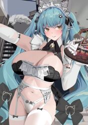 Rule 34 | 1girl, absurdres, alternate costume, animal ears, black dress, blue hair, blush, breasts, cake, cat ears, cat tail, character doll, cleavage, commander (nikke), dress, drill hair, elbow gloves, fake animal ears, fake tail, food, gloves, goddess of victory: nikke, highres, holding, large breasts, legwear garter, light blue hair, long hair, looking to the side, maid, maid headdress, neck bell, official alternate costume, panties, paw hair ornament, phantasmaliagon, privaty (nikke), privaty (unkind maid) (nikke), solo, tail, thighhighs, twin drills, twintails, underwear, very long hair, white gloves, white panties, white thighhighs, yellow eyes