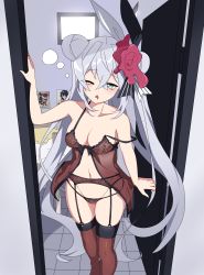 Rule 34 | absurdres, animal ears, babydoll, bags under eyes, bare shoulders, bedroom, bow, breasts, double bun, drooling, droozy, eleanor forte, garter belt, garter straps, green eyes, grey hair, hair bun, hand up, highres, legs together, lingerie, long hair, navel, one eye closed, panties, rabbit ears, squeans, sleepy, stamp, standing, synthesizer v, thighhighs, thong, twintails, underwear, wax seal, wax seal hair ornament