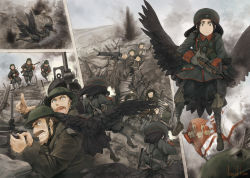 Rule 34 | 1girl, 6+boys, asterisk kome, bayonet, black hair, blue eyes, brodie helmet, comic, commentary request, drum magazine, explosive, facial hair, feathered wings, firing, flag, flying, gas mask, gun, hat, helmet, high-capacity magazine, highres, holding, holding gun, holding weapon, magazine (weapon), mask, military, military hat, combat helmet, military uniform, mp18, multiple boys, mustache, original, right-to-left comic, silent comic, snail drum, soldier, stahlhelm, submachine gun, trench, uniform, vickers machine gun, war, weapon, wings