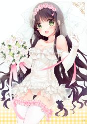 Rule 34 | 10s, 1girl, :d, absurdres, bare shoulders, black hair, bouquet, bow, breasts, bridal veil, cameltoe, cleavage, collarbone, dress, elbow gloves, female focus, flower, frilled thighhighs, frills, garter straps, gloves, green eyes, hair ornament, hairclip, happy, highres, index finger raised, kono naka ni hitori imouto ga iru!, large breasts, long hair, microdress, mottsun, open mouth, panties, ribbon, smile, solo, thighhighs, tsuruma konoe, underwear, veil, very long hair, wedding dress, white background, white gloves, white panties, white thighhighs