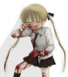 Rule 34 | 1girl, absurdres, backlighting, black necktie, black ribbon, black skirt, black socks, blonde hair, blood, blood in hair, blood on clothes, blood on face, blood on hands, blood on leg, blood splatter, bloody weapon, blush, closed eyes, collared shirt, feet out of frame, furrowed brow, hair ribbon, hand up, highres, holding, holding knife, kill me baby, kneehighs, knife, laughing, long sleeves, messy hair, necktie, open mouth, pleated skirt, raised eyebrows, ribbon, shirt, short necktie, sidelighting, skirt, smile, socks, solo, sonya (kill me baby), standing, tearing up, tears, twintails, weapon, white shirt, wiping tears, yasashii naizou