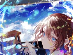 Rule 34 | 1boy, beret, blue eyes, blue sky, bow, brown hair, closed mouth, cloud, cloudy sky, collared shirt, colored eyelashes, easel, edgar valden, film grain, hair between eyes, hair bow, hat, highres, holding, holding paintbrush, identity v, ladder, looking at viewer, low ponytail, male focus, medium hair, mosuchippu-ou, paint splatter, paintbrush, painting (action), painting (object), red bow, red hat, shirt, sky, solo, splatter, symbol in eye, white shirt