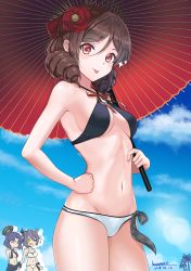 Rule 34 | 3girls, alternate costume, bikini, blue sky, blush, bow, breasts, brown hair, closed eyes, closed mouth, cloud, collarbone, commentary request, day, drill hair, eyepatch, flower, groin, hair between eyes, hair bow, hair flower, hair ornament, halterneck, harukaze (kancolle), hat, headgear, highres, holding, holding umbrella, kantai collection, kuzumochi (kuzumochiya), looking at viewer, medium breasts, multiple girls, navel, necktie, oil-paper umbrella, open mouth, outdoors, palm tree, purple hair, red bow, red eyes, short hair, sky, smile, standing, swimsuit, tatsuta (kancolle), tenryuu (kancolle), thighs, tongue, tongue out, tree, twin drills, umbrella, underboob